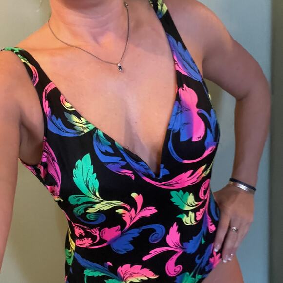 Vintage 80s Mainstream neon floral leaf one piece swimsuit - Picture 1 of 8